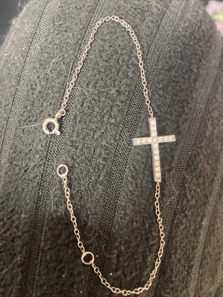 Brazalete de cadena de eslabones cruzados religiosos laterales de plata de ley 925 7,5" Foto 1 de 1