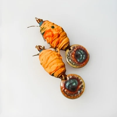 Teal Pink Peach Resin Charms Tyvek Beads Swarovski Crystals Handcrafted Earrings - Image 1 of 2