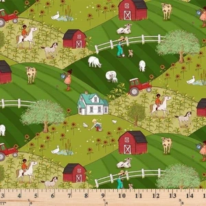 Farm Days Meadow Farm Hill Green Farm Animals 100% Cotton Fabric By half yard - Picture 1 of 3