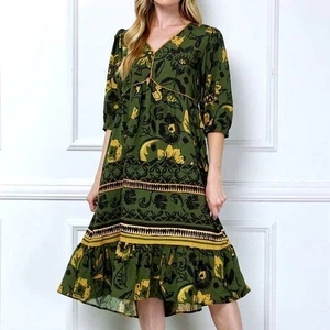 Figueroa & Flower Bohemian Anthropologie Maxi Dress Boho Green M Tiered Floral - Picture 1 of 7
