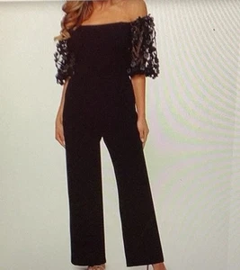 Xscape Womens Black Applique Off-The-Shoulder Dressy Jumpsuit 12 BHFO 0548 - Picture 1 of 5