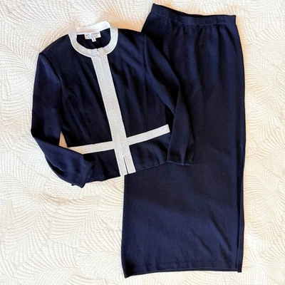 Conjunto de falda de vestido formal adornado con cristal de noche St. John vintage talla 14 Foto 1 de 4