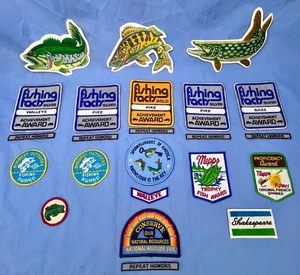 Lot of 23 Embroidered Vintage Fishing Awards Patches Mepps Fishing Facts Unused - Picture 1 of 8