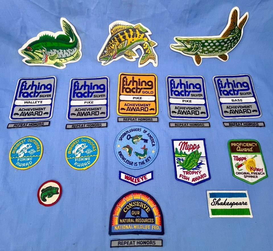 Lot of 23 Embroidered Vintage Fishing Awards Patches Mepps Fishing Facts Unused - Image 1 of 4