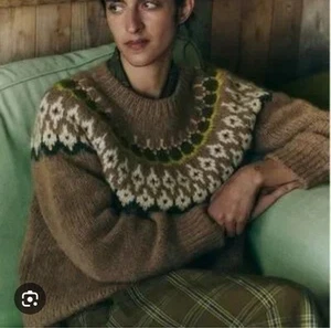 Toast Fair Isle Jumper Size M -Fawn Brown Alpaca Wool Sweater Lofty Jaquard Yoke - Picture 1 of 10