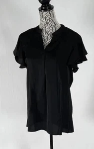New Women’s Black Top Short Sleeve Size L Relaxed Fit Banded Neck - Picture 1 of 9