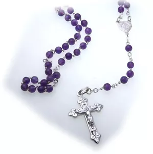 Halskette Rosenkranz Kreuz Jesus echt Silber 925 Sterlingsilber echt Amethyst Ne - Bild 1 von 8