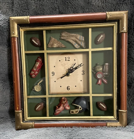 Vintage Handmade Wall Hanging Shadow Box Clock Football Sports Themed Trinkets Cover
