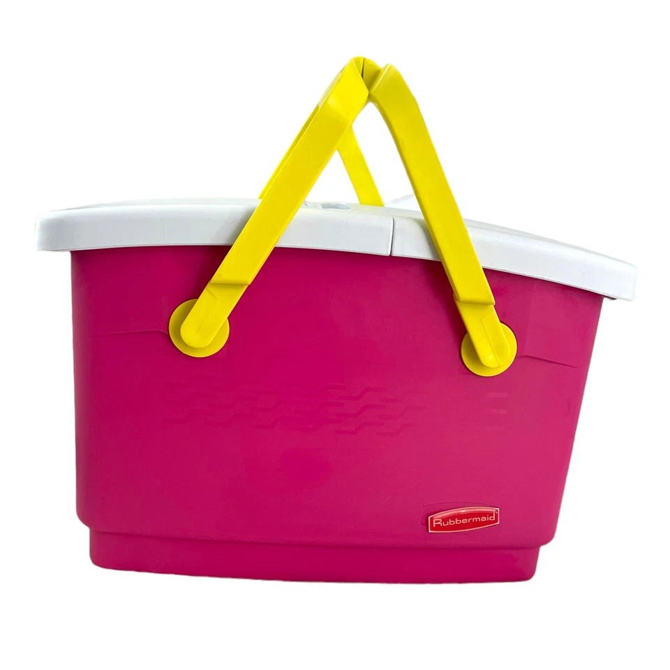 De Colección Años 90 Rubbermaid Divertido Bolso Picnic Cesta Plástico Rosa Caliente Amarillo Asas 1422 Foto 1 de 4