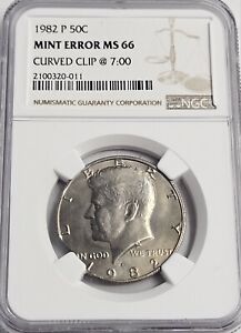 1982 kennedy half dollar NGC MS66 CURVED CLIP @ 7:00 *RARE*