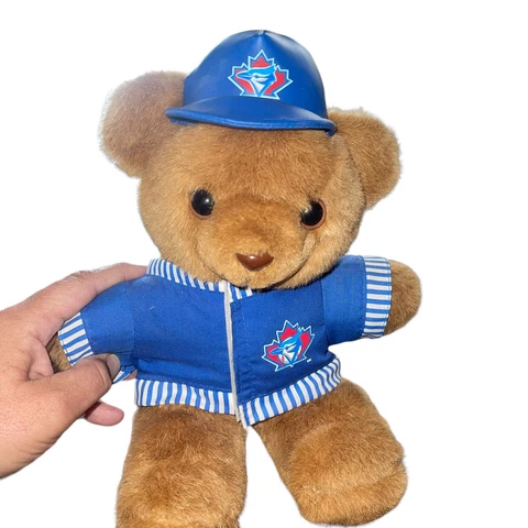 Vintage MLB Toronto Blue Jays 1999 13" Teddy Bear w/ Leather Cap RARE HTF Cover