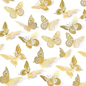 3D Butterfly Wall Decor 48 Pcs 4 Styles 3 Sizes, Gold Butterfly Decorations - Picture 1 of 4
