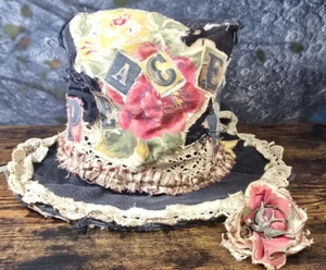 OOAK Magnolia Boho Ofenrohr Zylinder Hut Indie Upcycling Katze Spatzen verstellbar M-L - Bild 1 von 20