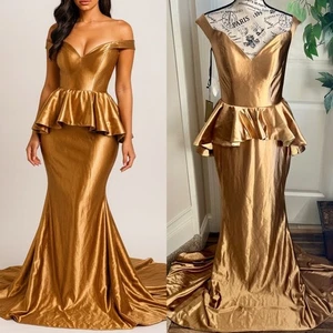Vestido Pantora Maids Bronce Hombro Descubierto Peplum Sirena Dorado Talla 6 - Imagen 1 de 16