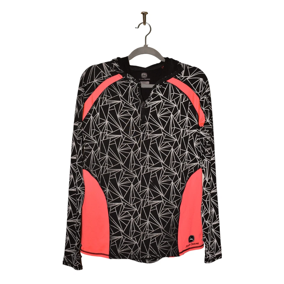 JOHN DEERE $49 Black and Pink Geometric Print Hooded 1/4 Zip Pullover Small - Image 1 of 4