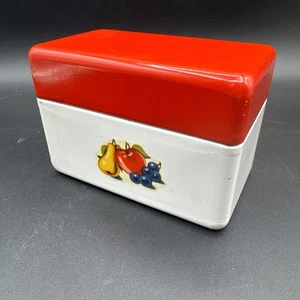 Vintage Rezeptdose aus Blech, rot-weiß mit Fruchtmotiv, Apfel, Birne, Trauben - Bild 1 von 8