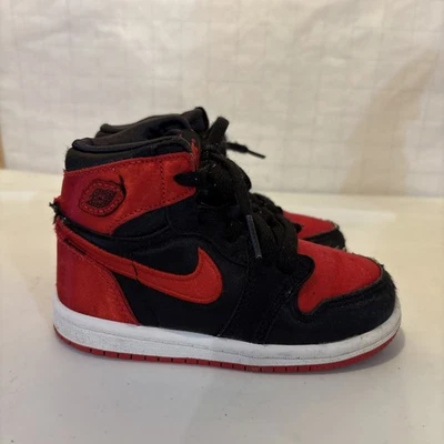 Toddler's Jordan 1 Retro High OG "Satin Bred" Blk-Red-Wht (FD5305 061) Sz 8c- C1 - Image 1 of 4