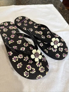 Tory Burch schwarz & Blumen Flip Flop Gummi Sandalen Größe 6,5 7 nach Maß Mängel - Bild 1 von 8
