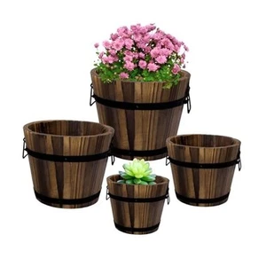 4 Pack Wooden Whiskey Barrel Planters - 4 Sizes Wooden Bucket Barrel Garden - Picture 1 of 7
