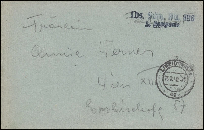 Feldpost Briefstempel Lds. Schützen-Btl. 896 1. Kompanie auf Brief LINZ 13.8.40 - Bild 1 von 1