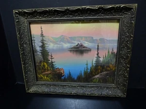 ANTIKES ÖLGEMÄLDE KRATERSEE OREGON UM 1920 AUF HOLZBRETT VERZIERTER RAHMEN! - Bild 1 von 10