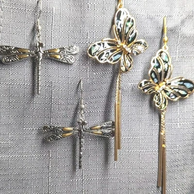 Butterfly Tassel Crystal Enameled Dangle Earrings & Dragonfly Gold Plated 2 Pair - Image 1 of 4