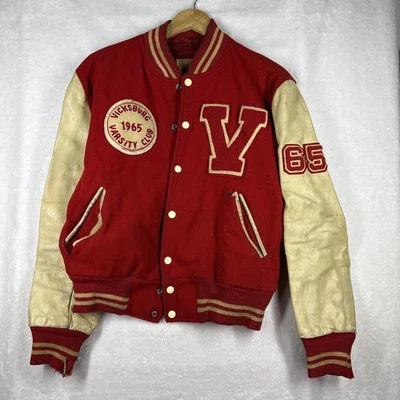 Varsity Letterman's Vicksburg MI 1965 Wool Jacket Genuine Leather Sleeves USA - Image 1 of 4