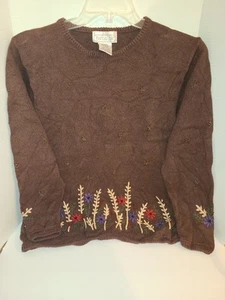 Vintage Mandal Bay L Pullover Sweater Brown With Embroidered Flowers - Picture 1 of 5
