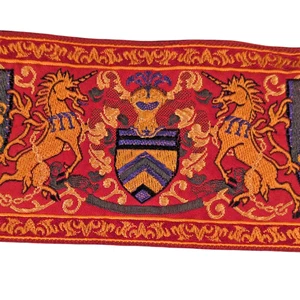 Jacquard Red Ribbon Trim Medieval/Renaissance Unicorn & Crest Motif | 3" x 2y - Picture 1 of 5