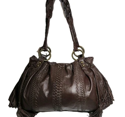 ISABELLA FIORE XL WHIPSTICHED SOFT LEATHER TASSELED BROWN HOBO HANDBAG Y2K $695 - Image 1 of 4