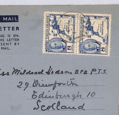 British VIRGIN ISLANDS Apsley AIR LETTER 8c KGVI*MAP* Pair 1953 Cover Edinr ZV58 — 第 1/4 张图片