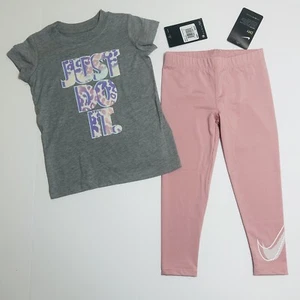Nike Girls Spot On JDI Tee Shirt & Dri-Fit Leggings Set Outfit Pink Grey Sz 4 - Picture 1 of 8