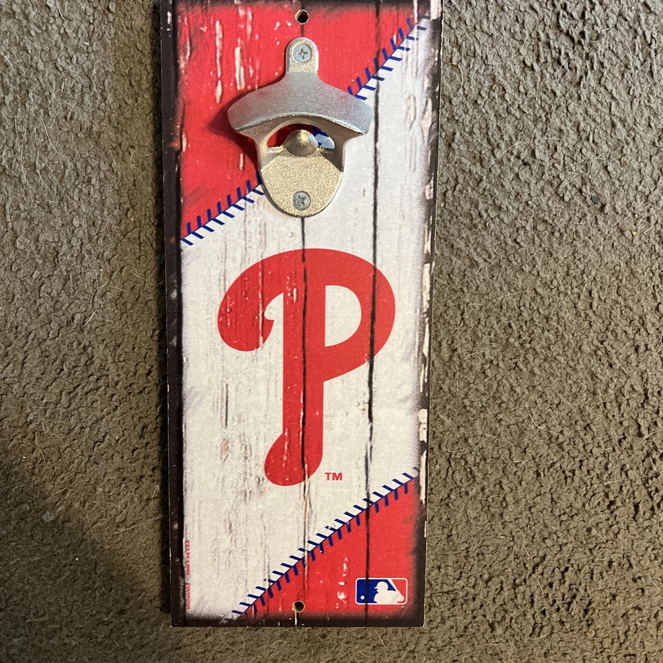 PHILADELPHIA PHILLIES BOTTLE OPENER SIGN 5"X11" HARDBOARD W/ CAST METAL OPENER - Image 1 of 1