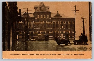 Pennsylvania Railroad Depot Flood Logansport Indiana IN 1913 Postcard - Picture 1 of 2