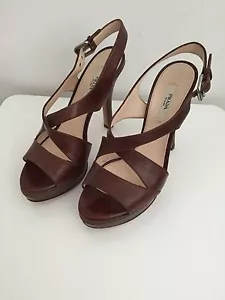 SANDALI DÉCOLLETÉ PRADA 100% PELLE MARRONE AUTENTICO CINTURINO PLATEAU TACCO W 36 1/2 - Foto 1 di 7