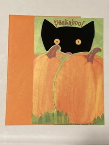 Vintage HALLOWEEN Tri-Fold Greeting Card FLOCKED Black Cat Orange Eyes Pumpkins - Picture 1 of 7