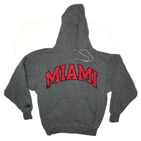 Vintage Miami of Ohio Redhawks Red Sewn Spellout Gray Hooded Sweatshirt Small Cover
