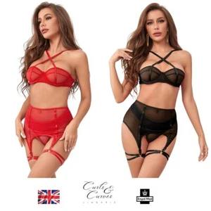 Plus Size Sheer Lace Strappy Lingerie Mesh Two Piece Lingerie Set Suspender Belt - Picture 1 of 36