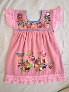 Mexican Girl's Dress Pink Peasant Embroidered with Multicolored Flowers Size 4 - Picture 1 of 11