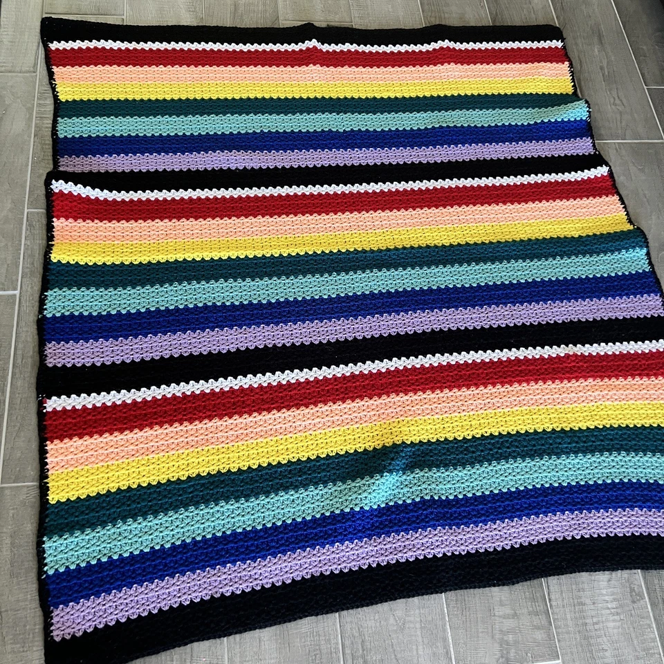 Handmade Rainbow Afghan 53x50 Blanket Bed Spread Lap Kids  Couch Crochet - Image 1 of 4