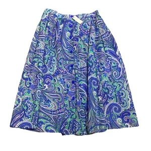 Talbots Womens Blue Paisley Linen 100% Cotton Button Up Pleated Front Skirt Sz 4 - Picture 1 of 6