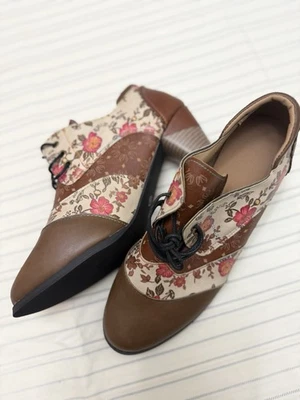 Womens Ethnic Boots Floral Leather Pointed Toe Stacked Oxfords Combat Booties - Image 1 of 2