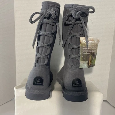 Botas femininas BEARPAW camurça amarrada nas costas nunca molhada forrada cinza 8 - Imagem 1 de 4