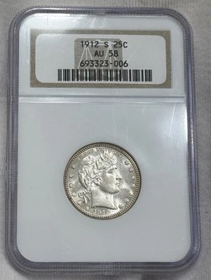 1912-S Barber Silver Quarter Ngc Au 58 Looks Bu Uncirculated Lustrous Tough Date - Image 1 of 2