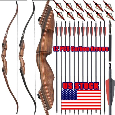 60" Takedown Recurve Bow 25-60lbs 12x Arrows Wooden Archery Adult Target Hunting - Image 1 of 4