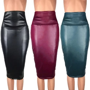 Office Skirt Skirt Blue Green Faux Leather High Waist Pencil Stretch Wet Look - Picture 1 of 22