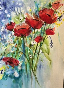 Original Signed Watercolor Painting. Bright. Flowers. Poppies. Abstract 9x12" - Picture 1 of 5