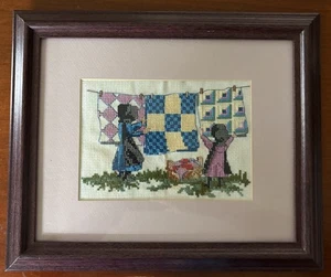 Handmade Cross Stitch Amish Children Quilt Wash Line 12x10” Matted Framed - Picture 1 of 3