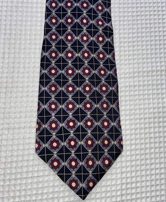 "Corbata de seda vintage Albert Nipon medallón geométrico abstracto azul marino rojo 55""" Foto 1 de 4