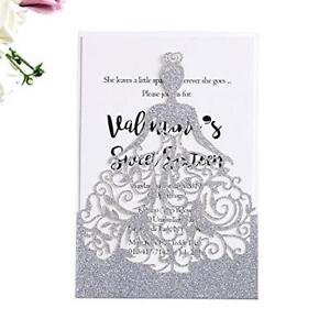 25PCS Silver Quinceanera Invitations Laser Cut Invitations Cards With Envelop...